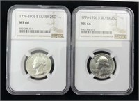 (2) 1776-1976-S Silver 25c, NGC MS-66, Drummer