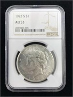 1923-S Peace $1, NGC AU-53, Silver Dollar