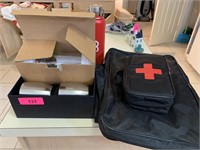 LOT OF MISC FIRST AID KIT TUMBLERS ETC