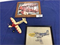 2 framed airplane pictures & Super G Shark model