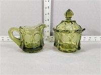 Olive colored glass sugar and creamer