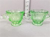 Green depression glass creamer and sugar bowl