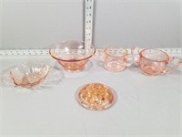 Pink Depression Glass Flower frog & bowls