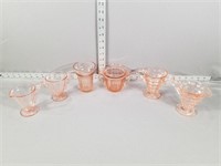 Pink depression glass creamer, sugar & other cups