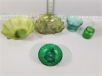 Various green glass dishes