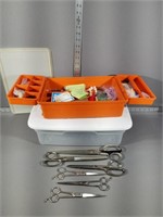 Sewing kit, storage bin, and scissors