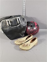 Bowling ball, bag, and shoes