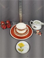 Tea cup/plate and saucer, glass bowls, teapot,