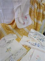 Vintage Tablecloth, Embroidered Pillow Cases, &