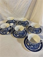 JOHNSON BROS. BLUE/WHITE CUPS/SAUCERS 6 PAIRS