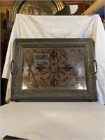 ANTIQUE MIRRORED TRAY WITH BRASS HANDLES