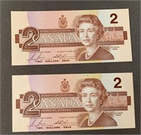 Pair of $2 Consecutive Serial #'s Bills
