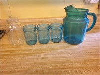 5 Pc Vintage Glass Lot-1 large clear jar, 3 blue