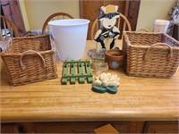 Misc Lot-2 baskets, cow paper towel holder, trash