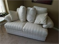 KLAUSSNER WHITE STRIPED LOVE SEAT W/ PILLOWS