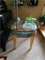 MODERNISTIC GLASS/METAL/WOOD OVAL SIDE TABLE