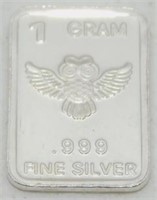 "Owl" Silver Bar: .999 Fine Silver; 1 gram