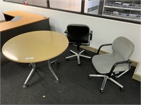 Timber Top Circular Table & 2 Grey Fabric Chairs