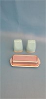 1950s salt and pepper shakers,coverd butter dish