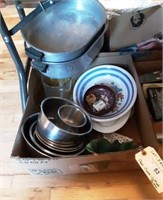 Lot of (3) Boxes, Kitchen Pans, Clock, Cutting