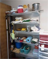 Lot - Contents of Shelving Unit. Buckets, Rags,