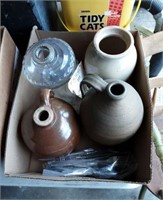 Lot - (2) Jugs, clay pot, oil lamp base & flatware
