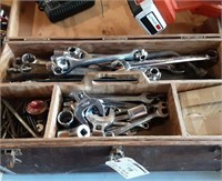 Wood tool box and contents.