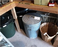 Lot - Basket, fan, (3) garbage cans.