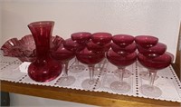 Cranberry Ruffled Bowl, Vase & 12 Glasses