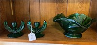 Emerald Glass Candle Holders & Bowl