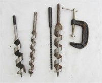 Assorted Auger Bits & Small Clamp