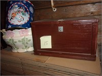 Old wooden box, porcelain planter, Christmas tin