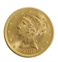 US 1908 $5 GOLD LIBERTY HALF EAGLE COIN, EST.AU-55