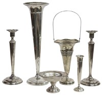 (6) WEIGHTED STERLING CANDLESTICKS & TRUMPET VASES