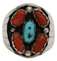 GENT'S NAVAJO SILVER, RED CORAL & TURQUOISE RING
