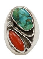 SOUTHWEST SILVER, TURQUOISE & RED CORAL RING