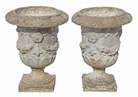 (2) FRENCH CAST STONE CAMPANA GARDEN URNS