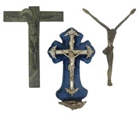 (3) BRONZE CRUCIFIX & SILVER PLATE HOLY WATER FONT
