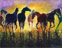 SIGNED PAINTING HORSES AT SUNSET