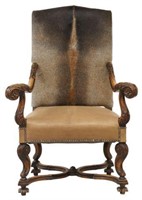 FRENCH CARVED WALNUT HIDE UPHOLSTERED FAUTEUIL