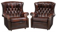(2) ENGLISH TUFTED LEATHER WINGBACK ARMCHAIRS