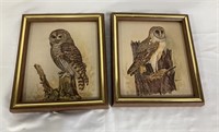 Two owl prints on cardboard by E. Rambow