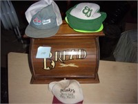Wooden bread box, misc hats