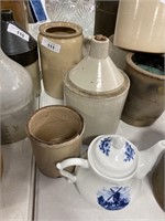 Stoneware crocks, jug and teapot.