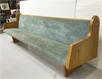 Large 8 ft wood church pew w/ teal upholstery