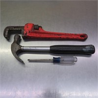Pipe Wrench, Hammer, Screwdriver