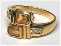 18k Gold Ring & Amber & Clear Stones