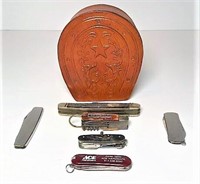 Leather Horseshoe Box & Pocket Knives