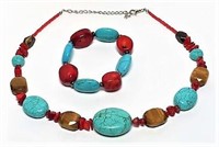 Turquoise/Red Stone Necklace & Bracelet