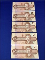 Lot of 5 Canada 1986 $2 Bills